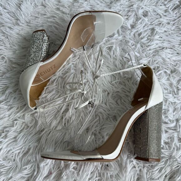 SCHUTZ Anahe White Leather and Vinyl Ankle Tie Rhinestone Heel Sandals Size 6.5 - Picture 5 of 12